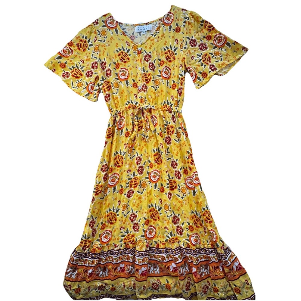 Margaux Riviera Yellow Floral Boho MIDI Dress Women's Size Small Tassel Prairie
